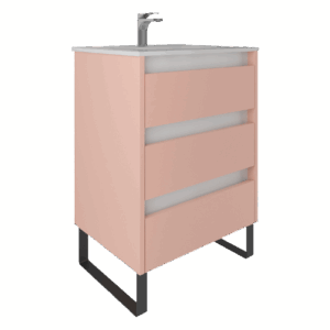 mueble de baño rosa con patas cuadradas, tres cajones y lavabo