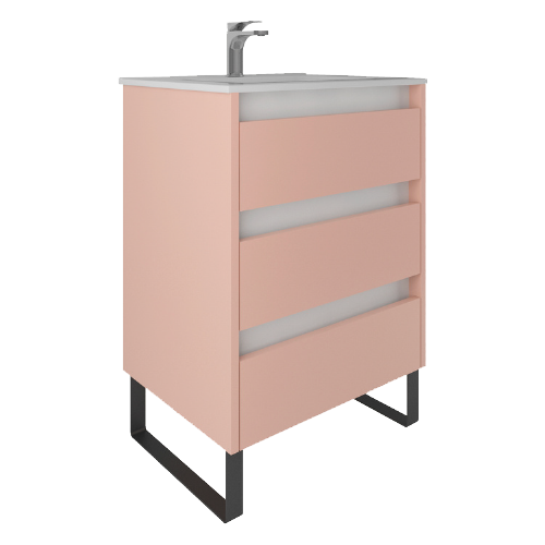 mueble de baño rosa con patas cuadradas, tres cajones y lavabo